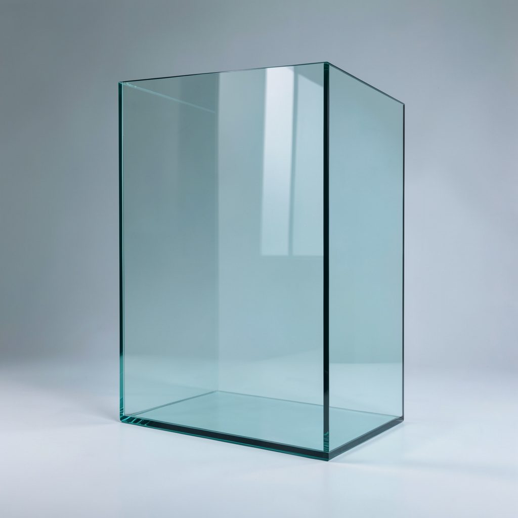 Lastre di vetro impilate in un ambiente industriale, toni freddi blu-verde e grigi con riflessi metallici